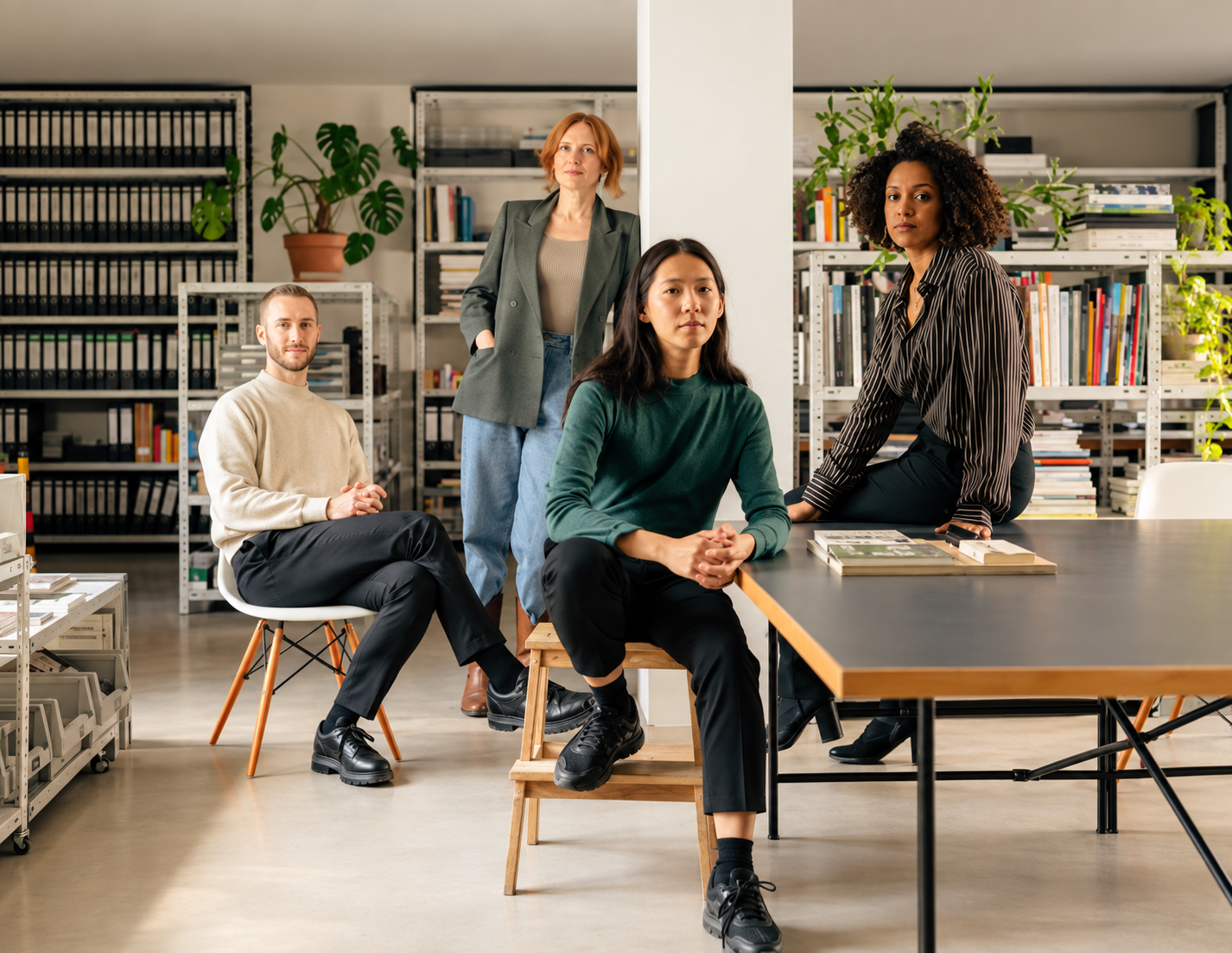 Quatre personnes réunies dans un espace de travail.