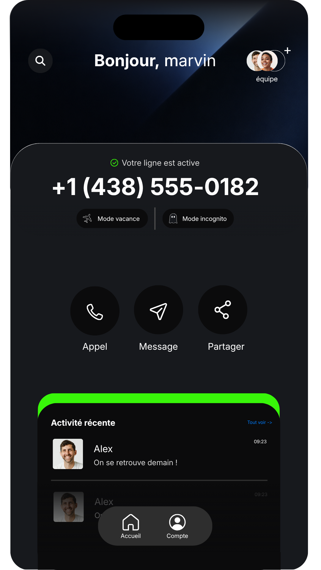Aperçu de l’application Yusee Business avec une ligne active et l’activité récente